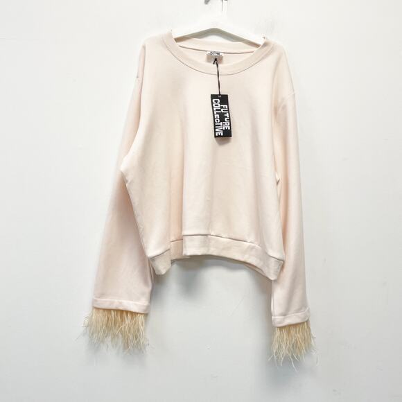Future Collective Women's Crewneck Feather Trim Sweatshirt Light Pink Size 2X - Picture 2 of 6
